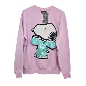 Peanuts Snoopy Oversized Pink Crewneck Sweatshirt with Teal Bow Size Medium NWT